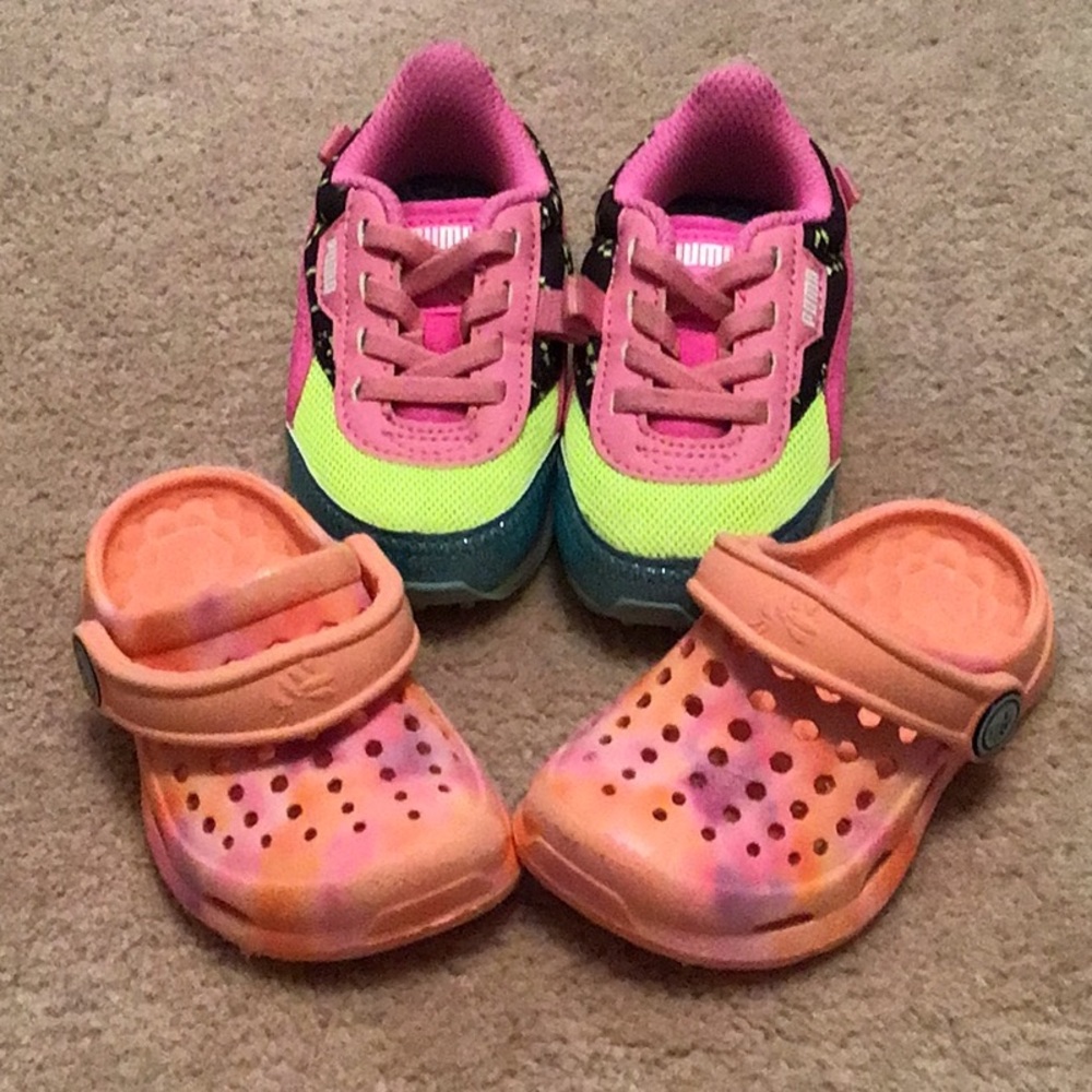 Puma kids sneakers and Joybees crocs